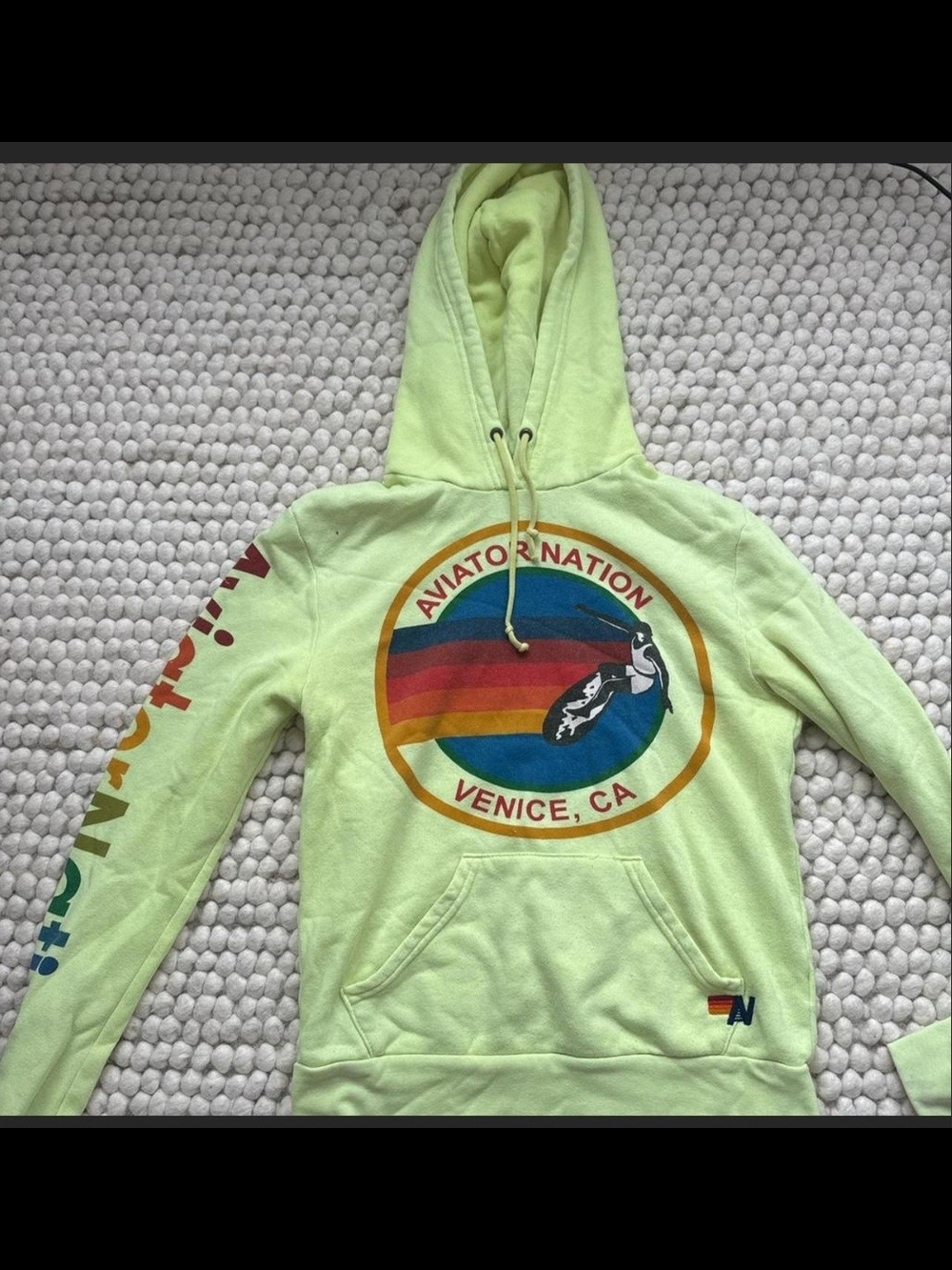 Aviator Nation Neon Green Logo Pullover Hoodie with Rainbow Chest